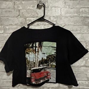 Cherokee Black Crop Top with Vintage Car Print